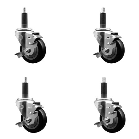 Service Caster 3.5'' Black Poly Swivel 1'' Expanding Stem Caster Set with Brake, 4PK SCC-EX20S3514-PPUB-BLK-TLB-1-4